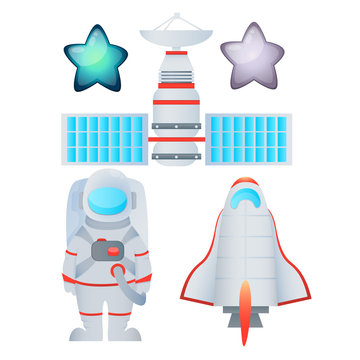 Set space. Spaceship, astronaut, satellite and star. Vector illustration