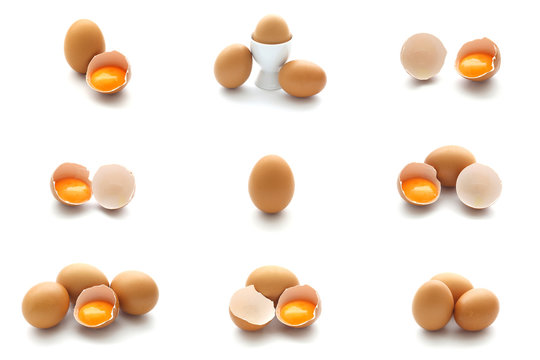 Isolated set of hen eggs and broken eggs on white background