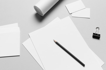 Branding / Stationery Mock-Up - White - Letterhead (A4), DL Envelope, Compliments Slip (99x210mm), Business Cards (85x55mm), Mailing Tube