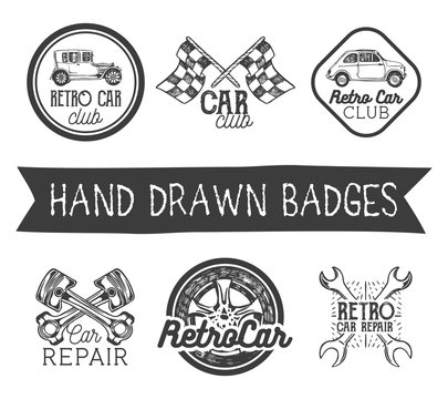 Vector set of hand drawn retro car labels in vintage style. Auto club design elements, emblems, badges, logo and icons