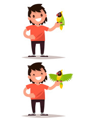 Fototapeta premium Set boy and parrot. Vector illustration