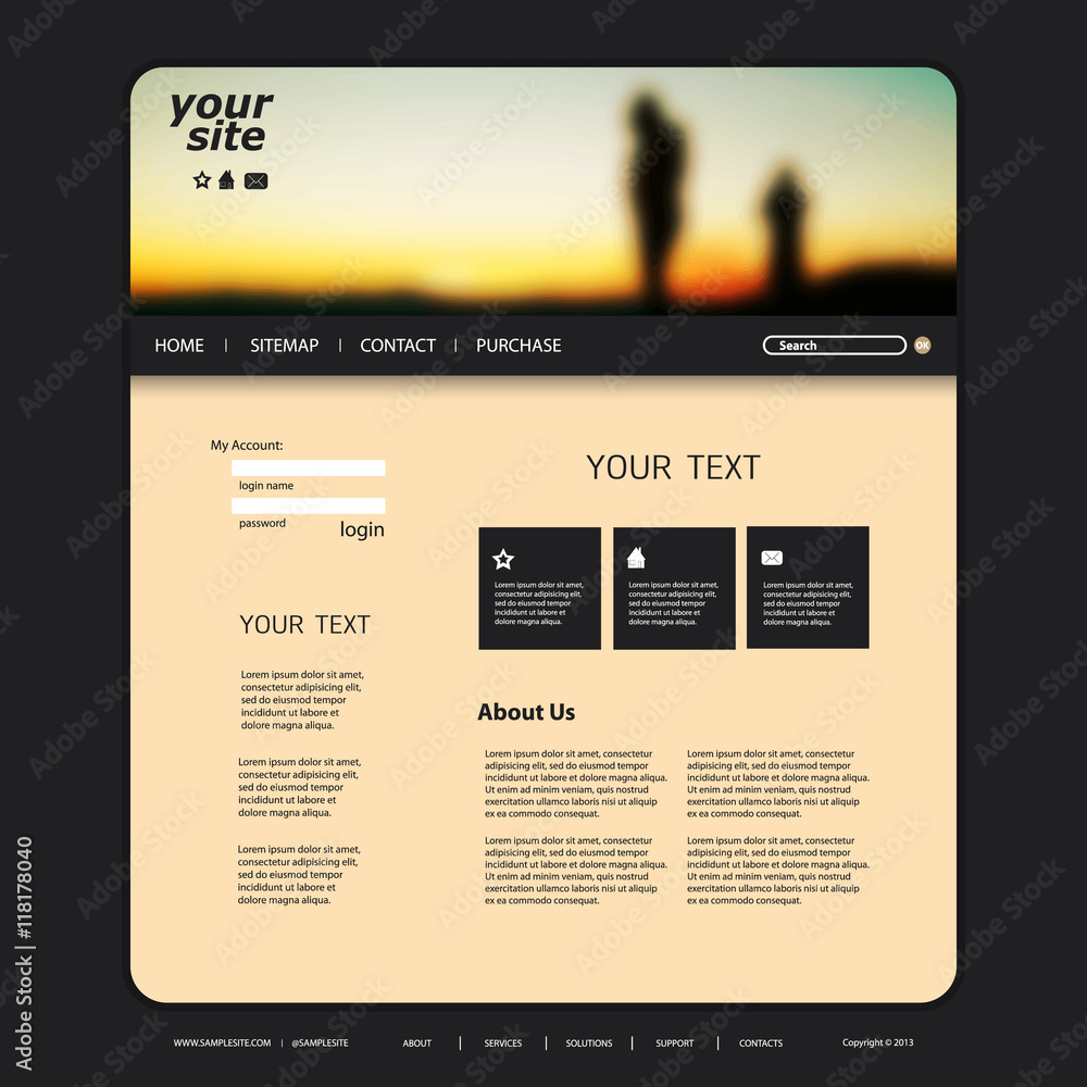 Poster one page website template with blurred header background design