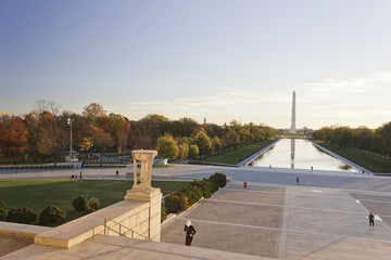 Looking eastwards from the upper steps of the Lincoln Memorial towards the Reflecting Pool & grand tree-lined boulevard of the National Mall in Washington DC