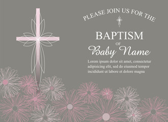 Girls Christening/Baptism Invitation with Cross and Pink Flowers - Vector