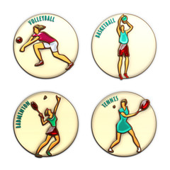 Athlete Icons. Volleyball. Basketball. Badminton. Tennis. Summer games. Sport icons with sportsmen for competitions or championship design. Original 3D Illustration. Gold, enamel and colored glass