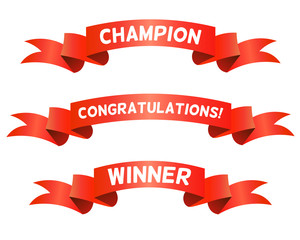 Red Trohpy Ribbons for Winners. Champion< Congratulations, Winner Titles. Isolated on White Background
