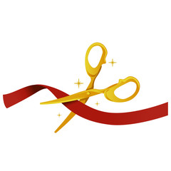 Vector Illustration of Gold Scissor cutting red Ribbon