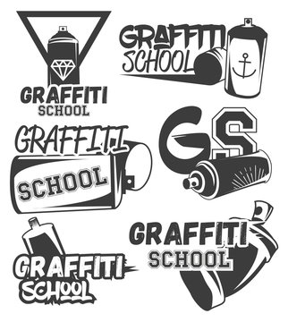 Vector set of graffiti school labels in vintage retro style. Street art design elements, icons, logo. Spray can.