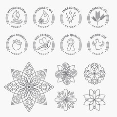 Set of stickers and elements for natural products, beauty and cosmetics. Thin line vector illustration concepts for graphic and web design.
