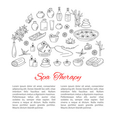 Spa hand drawn doodle icons. Vector illustrations of Beautiful woman spa treatment, beauty procedures, therapy, massage, foot bath, wellness.