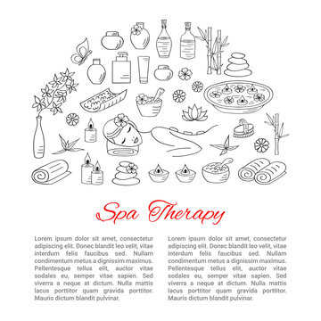 Spa hand drawn doodle icons. Vector illustrations of Beautiful woman spa treatment, beauty procedures, therapy, massage, foot bath, wellness.
