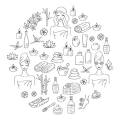 Fotobehang Spa hand drawn doodle icons. Vector illustrations of Beautiful woman spa treatment, beauty procedures, therapy, massage, foot bath, wellness. © Shorena Tedliashvili