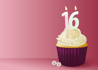 Vector illustration of cup cake with birthday candle 16.