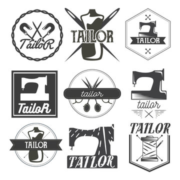 Vector set of vintage sewing logo, design elements and emblems. Tailor shop labels