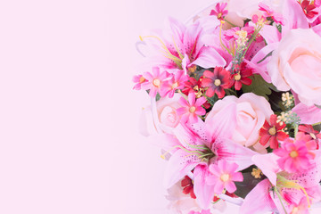 beautiful group of pink flower with space for text, love concept postcard, wedding card background.