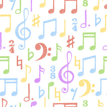 Colorful hand drawn music notes seamless pattern. Vector musical background. 