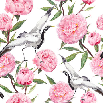 Crane birds dance, peony flowers. Floral repeating asian pattern. Watercolor