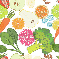 Seamless pattern set of fresh hand drawn fruits and vegetables