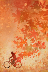 silhouette of man on bicycle with falling autumn leaves on background,illustration painting..