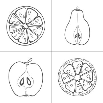 Set of fresh hand drawn fruits and vegetables and products. © happiestsim
