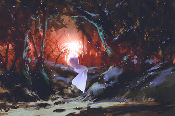 Obraz premium spirit of the enchanted forest,woman in the dark woods,illustration painting