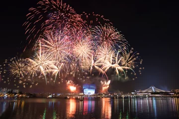 Zelfklevend Fotobehang Beautiful Singapore national day fireworks at national stadium. © tanarch