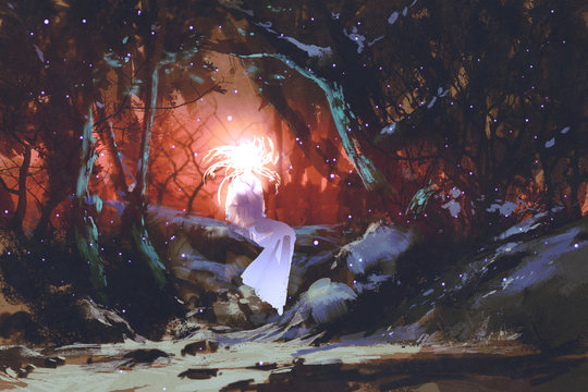 spirit of the enchanted forest,woman in the dark woods,illustration painting