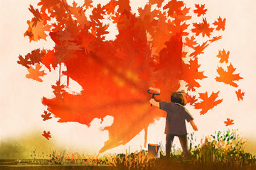 Naklejka na ściany i meble kid painting maple leaves shape on the wall,autumn concept,illustration painting
