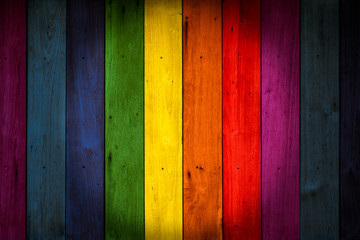 LGBT Colorful color wood background, rainbow colored wooden wall. - obrazy, fototapety, plakaty