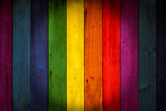 LGBT Colorful color wood background, rainbow colored wooden wall.