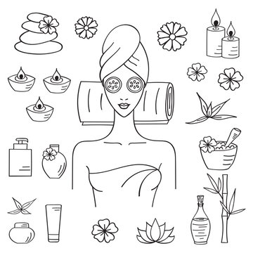Vector illustrations of Beautiful woman spa treatment, beauty procedures, therapy, massage,  wellness, spa hand drawn doodle icons, herbal cosmetics, aroma candles, stones, bamboo, flowers, towels.
