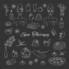 Spa hand drawn doodle icons. Vector illustrations of Beautiful woman spa treatment, relaxing while stone massage, beauty procedures, wellness.