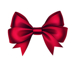 Vector Shiny Red Satin Gift Bow Close up Isolated on White Background