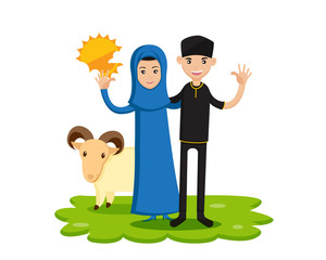 Isolated Muslim Couple Eid Al Adha Character - Happy Family Eid al-Adha Celebration