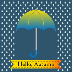 Green umbrella with rain drops on a blue background. Vector illustration.