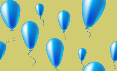 Seamless pattern of shiny blue balloons on a light mustard background. Can be used to create paper for wrapping gifts, Wallpaper for children's rooms and fabrics for children's clothes, home textiles