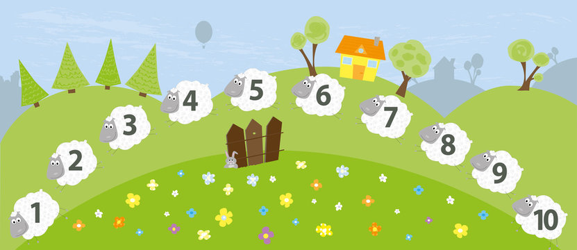 jumping cartoon sheep with numbers 1-10 / educational vector illustration for children