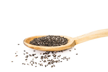 Chia seeds on a wooden spoon seen from the side on white background