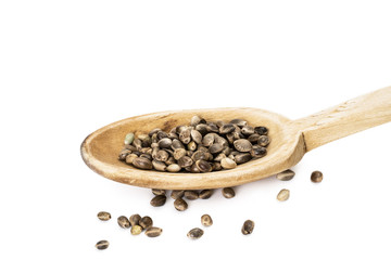 Hemp seeds on a wooden spoon seen from the side on white background