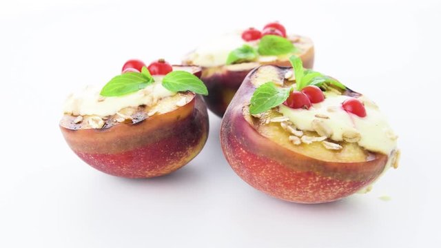 Delicious Grilled Peaches Dessert Isolated On White Background.