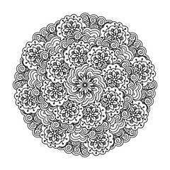 Round element for coloring book. Black and white floral pattern. Vector illustration.