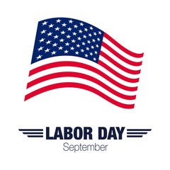 vector illustration with labor day lettering and usa waving flag  background