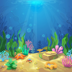 Underwater landscape. The ocean and the undersea world with different inhabitants, corals and starfish, marine life vector