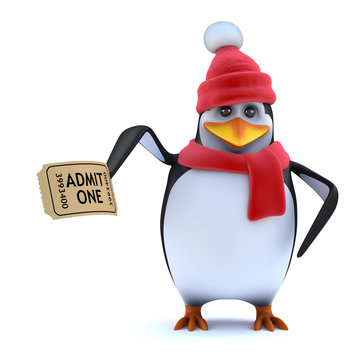 3d Cute winter penguin has a ticket to the show