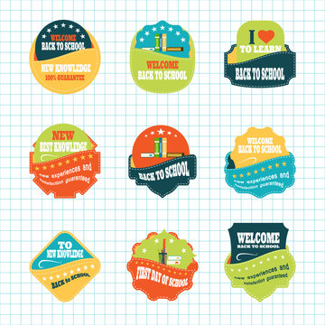 Vintage labels vector set for Back to School Day with stitching in pockets.