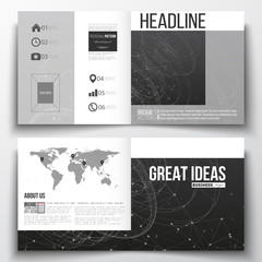 Obraz premium Set of annual report business templates for brochure, magazine, flyer or booklet. Molecular construction with connected lines and dots, scientific pattern on black background.