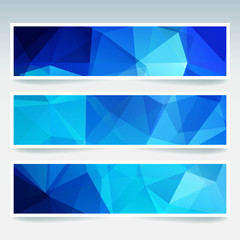 Vector blue banners set with polygonal abstract triangles.