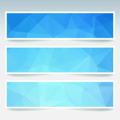 Vector banners set with polygonal abstract blue triangles.