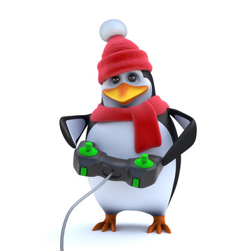 3d Cute winter penguin is playing a video game