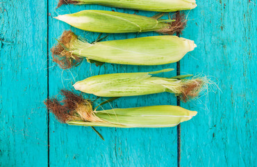 corn on the cob on a blue wooden background © tanacha